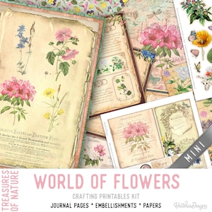 World of Flowers Junk Journal Kit MINI Crafting Printables Kit Flowers Embellishments Flowers Paper Craft Kits Junk Journal Flowers 003063
