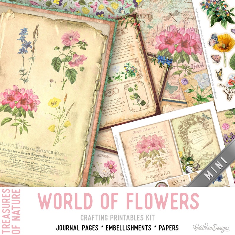 World of Flowers Junk Journal Kit MINI Crafting Printables Kit Flowers Embellishments Flowers Paper Craft Kits Junk Journal Flowers 003063 image 1