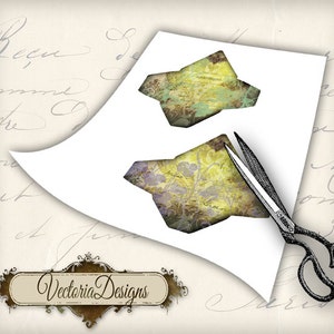 May include: Two printable envelope templates featuring a vintage floral design in shades of green, yellow, and purple. The templates are on a white sheet of paper with a pair of scissors cutting one of the templates.