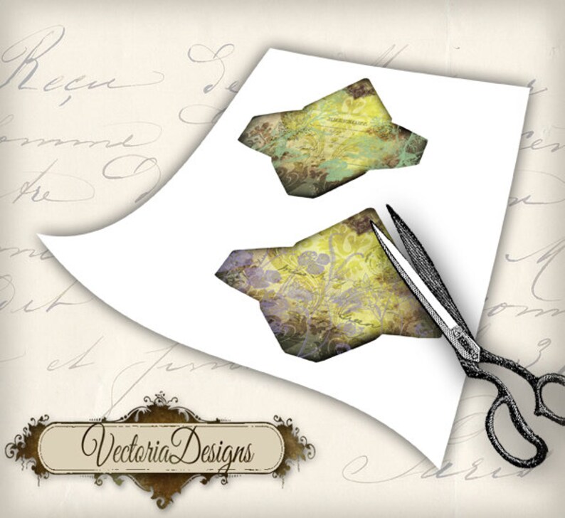 May include: Two printable envelope templates featuring a vintage floral design in shades of green, yellow, and purple. The templates are on a white sheet of paper with a pair of scissors cutting one of the templates.
