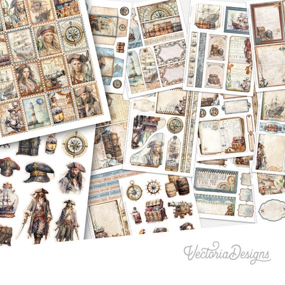 Pirate Scrapbook Embellishments, Printable Journal Ephemera - 003807