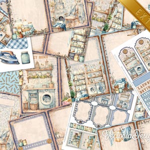 May include: A digital scrapbook paper pack with a laundry theme. The papers feature a variety of images, including washing machines, laundry baskets, and ironing boards. The papers are in a vintage style with a watercolor effect. The pack includes the words "Laundry", "Washing", "Drying", "Ironing", "Fabric Care", "Utilities", "Machine", "Tumble", "Daily Tips", "Wash", "Dry", "For", "Homemade", and "Washer".
