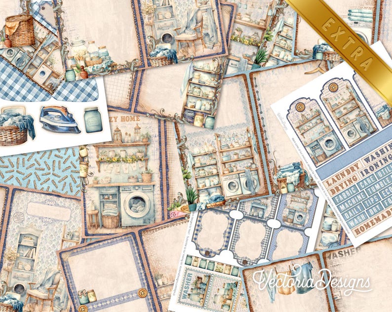 May include: A digital scrapbook paper pack with a laundry theme. The papers feature a variety of images, including washing machines, laundry baskets, and ironing boards. The papers are in a vintage style with a watercolor effect. The pack includes the words "Laundry", "Washing", "Drying", "Ironing", "Fabric Care", "Utilities", "Machine", "Tumble", "Daily Tips", "Wash", "Dry", "For", "Homemade", and "Washer".