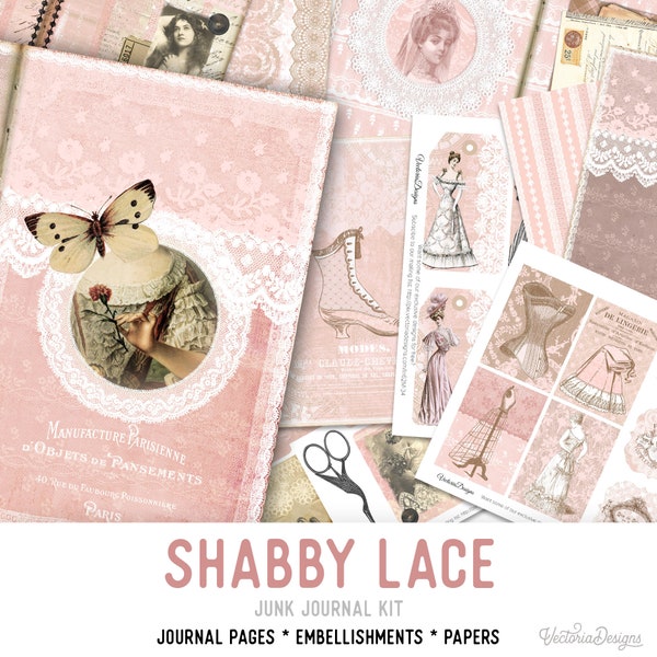 Shabby Lace Junk Journal Kit, Journal Pages, DIY Kit, Printable Journal Pages, Digital Journal Kit, Scrapbook Kit, Embellishments 002043