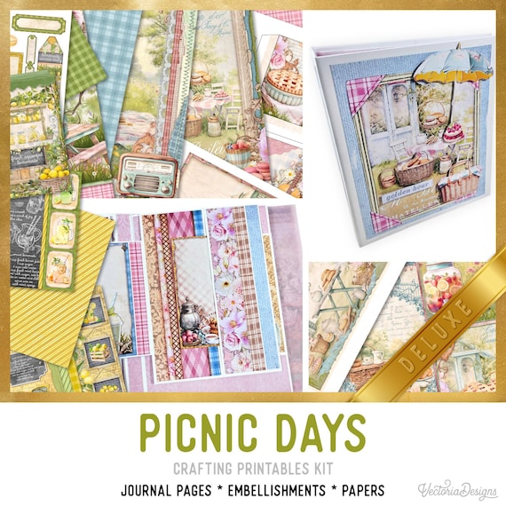 Picnic Days Junk Journal Kit DELUXE - Printable Pages, Papers and Embellishments for Crafting - 003831