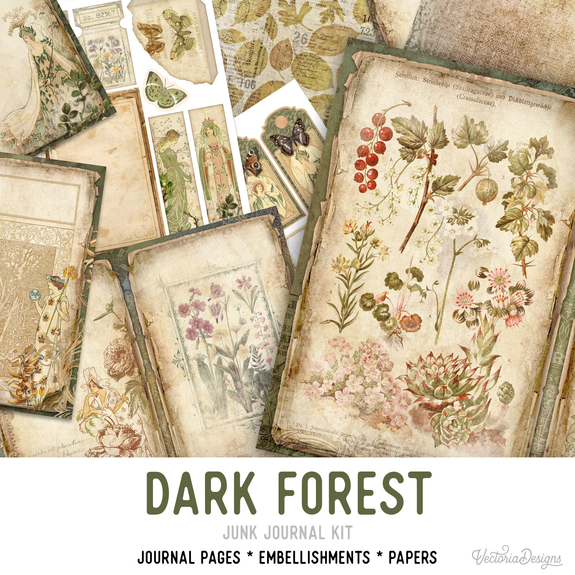 Dark Forest Junk Journal Kit, Nature Junk Journal Pages, Forest 