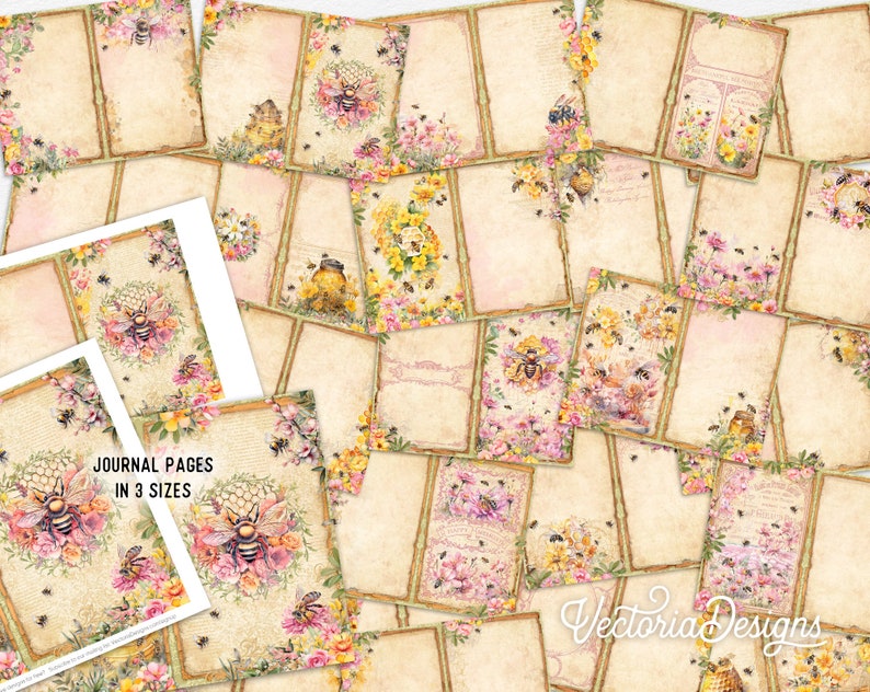 Honey Bees Junk Journal Kit DELUXE, Honey Bees Crafting Printables Kit Honey Embellishments Printable Paper Bees Kit Craft Tutorial 003284 image 3