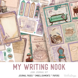 My Writing Nook Junk Journal Kit, Writing Embellishments, Writer Printable Junk Journal Kit, Craft kits, Vintage Junk Journal Kit - 002449