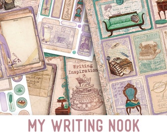 My Writing Nook Junk Journal Kit, Writing Embellishments, Writer Printable Junk Journal Kit, Craft kits, Vintage Junk Journal Kit - 002449