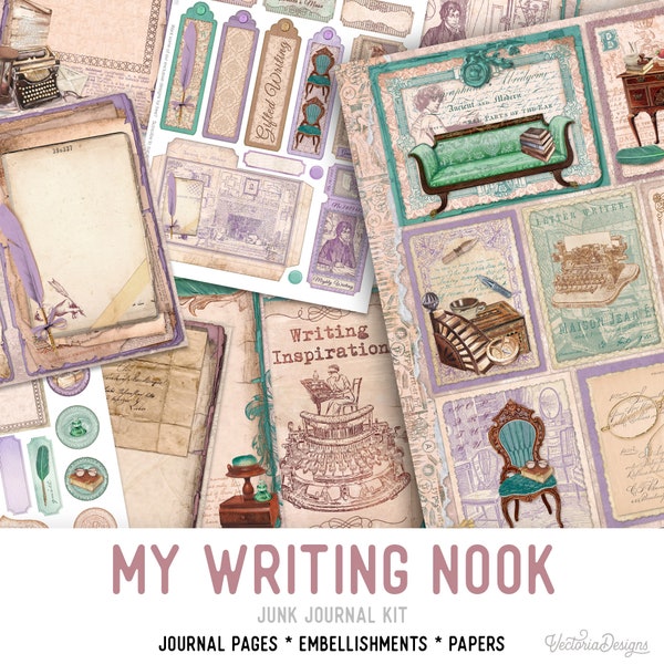 My Writing Nook Junk Journal Kit, Writing Embellishments, Writer Printable Junk Journal Kit, Craft kits, Vintage Junk Journal Kit - 002449