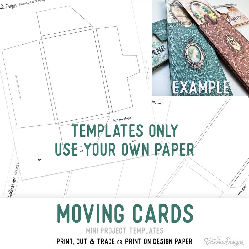 May include: A digital template for crafting moving cards, featuring black line drawings on a white background. The text reads: TEMPLATES ONLY USE YOUR OWN PAPER, MOVING CARDS, MINI PROJECT TEMPLATES, PRINT, CUT & TRACE OR PRINT ON DESIGN PAPER.