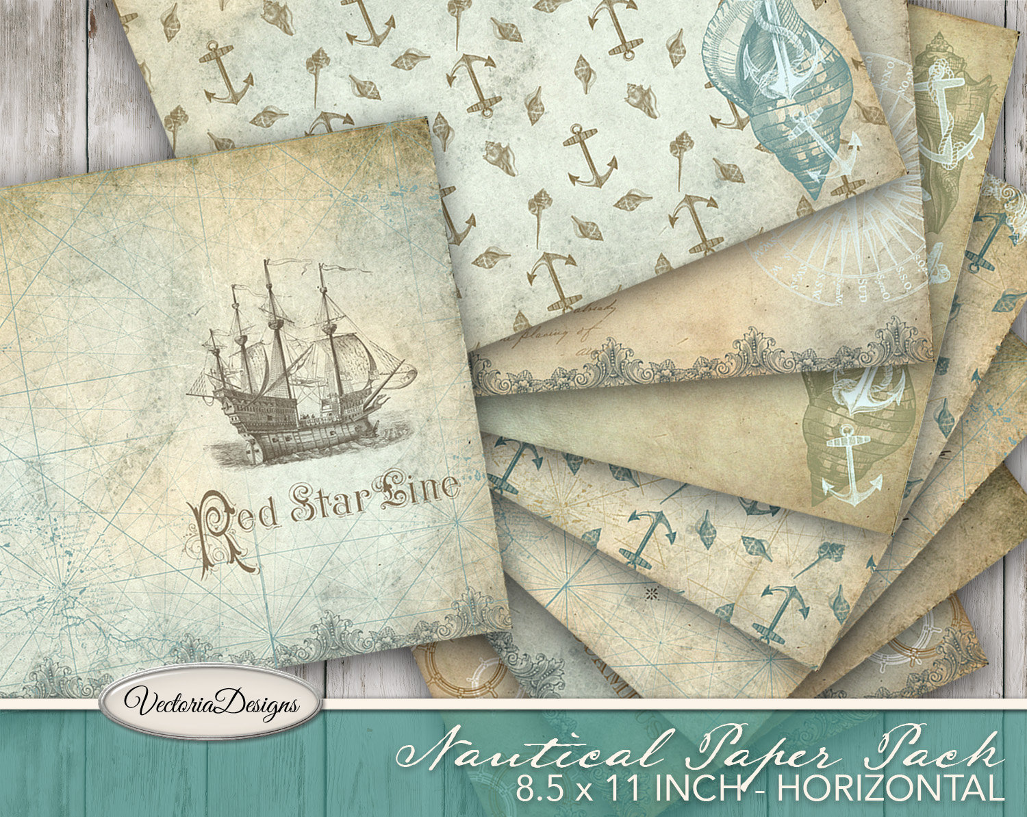 Nautical Paper Pack, Digital Paper Pack, Nautical Junk Journal