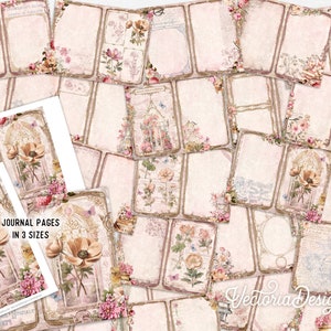 May include: A set of printable journal pages featuring a vintage aesthetic with floral designs, delicate borders, and a soft pink background. The pages are available in three sizes and include the text "Journal Pages in 3 Sizes".