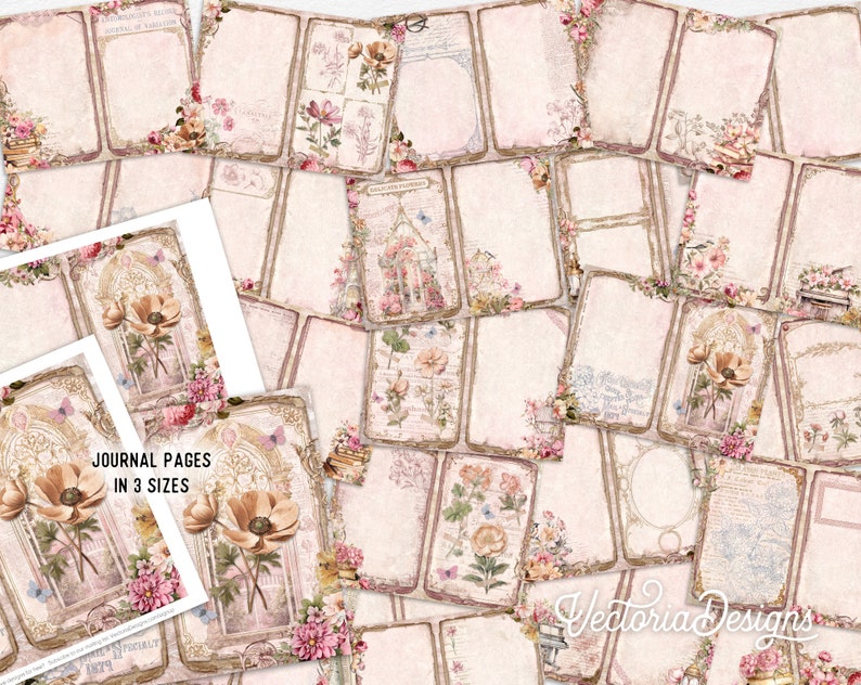 May include: A set of printable journal pages featuring a vintage aesthetic with floral designs, delicate borders, and a soft pink background. The pages are available in three sizes and include the text "Journal Pages in 3 Sizes".