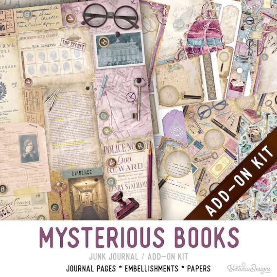 Mysterious Books Junk Journal Kit ADD-ON, Printable Craft kit with Journal Pages, Embellishments and Papers - 003214
