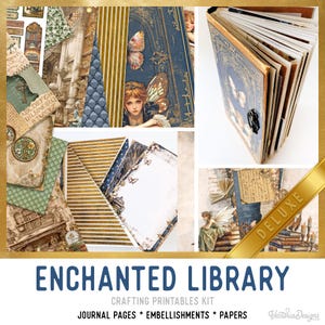 May include: A selection of crafting printables with an enchanted library theme. The image showcases journal pages, embellishments, and papers with a vintage aesthetic. The colour palette includes blues, golds, and greens, with illustrations of fairies and butterflies. The text "ENCHANTED LIBRARY" is visible.