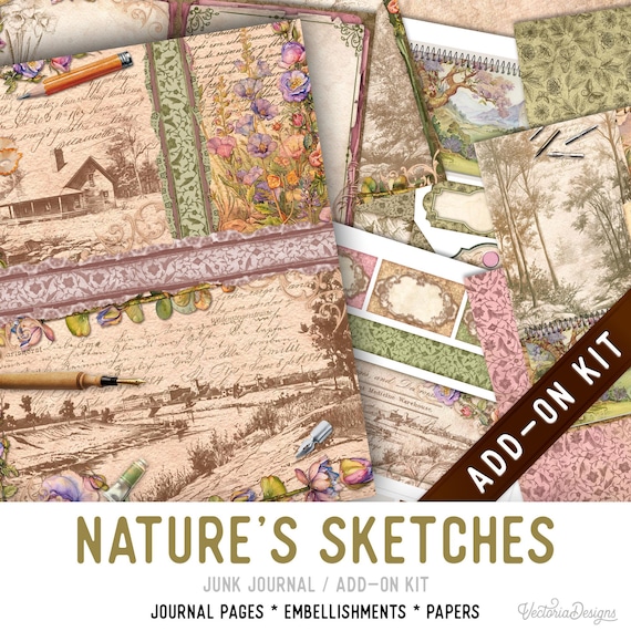 Nature's Sketches Junk Journal Add-On Kit, Printable Pages Embellishments Papers - 004025