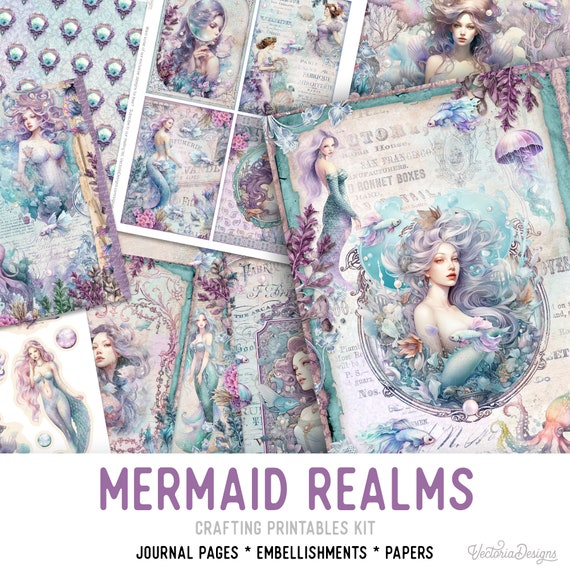 Mermaids Junk journal Kit (Standard) - Printable Pages, Papers and Embellishments for Crafting - 003053