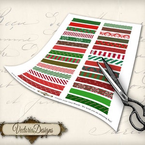 May include: A sheet of paper with various Christmas-themed washi tape designs in red and green, with patterns like stripes, snowflakes, and zigzags. A pair of scissors is placed on the paper. The text "Vectoria Designs" is visible.