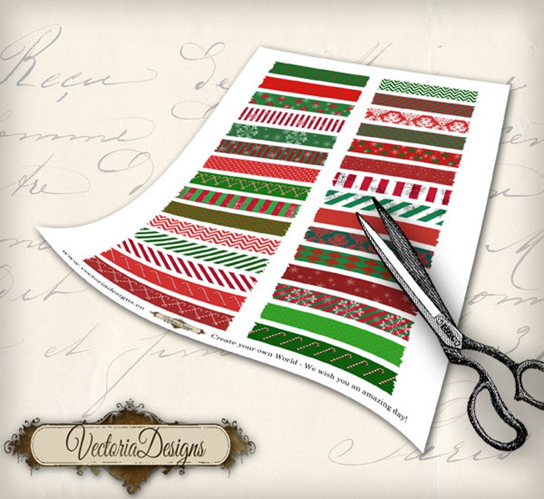 May include: A sheet of paper with various Christmas-themed washi tape designs in red and green, with patterns like stripes, snowflakes, and zigzags. A pair of scissors is placed on the paper. The text "Vectoria Designs" is visible.