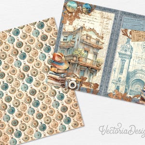 May include: Two sheets of paper with vintage-themed designs. One features a repeating pattern of antique pocket watches in tan and teal. The other depicts a European building, a clock tower, and a stack of books, with a hat and camera.