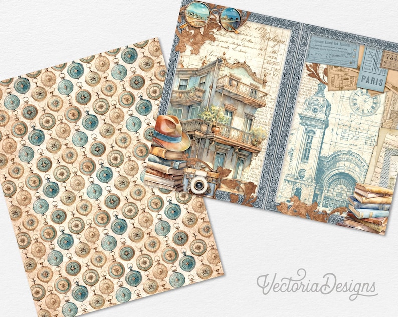 May include: Two sheets of paper with vintage-themed designs. One features a repeating pattern of antique pocket watches in tan and teal. The other depicts a European building, a clock tower, and a stack of books, with a hat and camera.