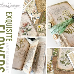 K&ouml;nnte beinhalten: Ein digitaler Druck-Kit zum Basteln mit floralen Illustrationen und dem Text "EXQUISITE FLOWERS CRAFTING PRINTABLES KIT". Das Kit enth&auml;lt Bilder von Blumen, Bl&auml;ttern und botanischen Illustrationen im Vintage-Stil.