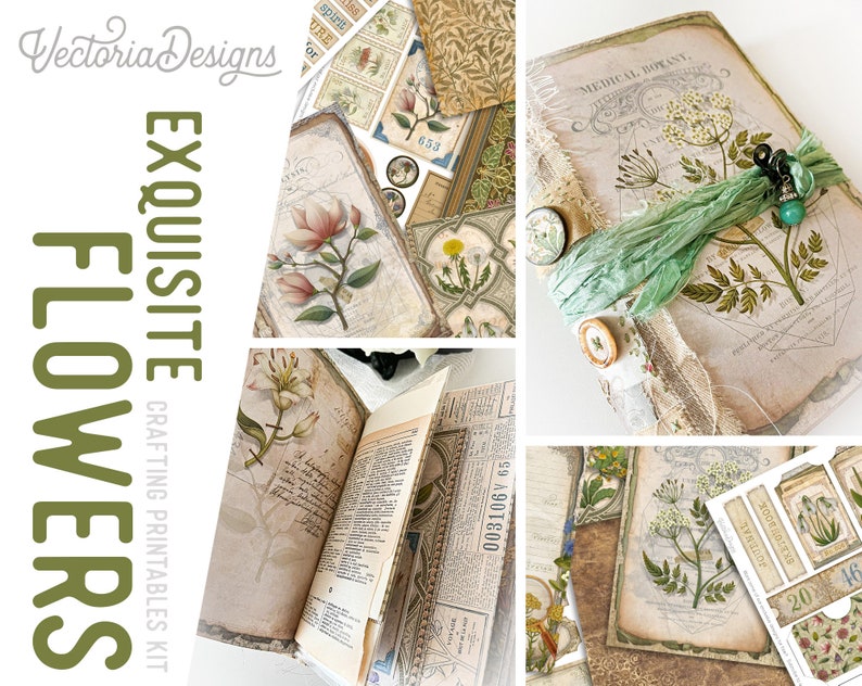 K&ouml;nnte beinhalten: Ein digitaler Druck-Kit zum Basteln mit floralen Illustrationen und dem Text "EXQUISITE FLOWERS CRAFTING PRINTABLES KIT". Das Kit enth&auml;lt Bilder von Blumen, Bl&auml;ttern und botanischen Illustrationen im Vintage-Stil.