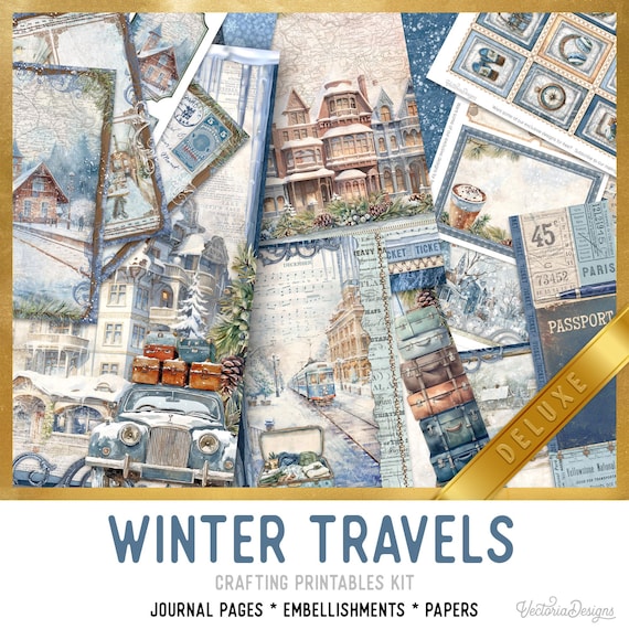 Winter Travels Junk Journal Kit (DELUXE) - Printable Pages, Papers and Embellishments for Crafting - 003930