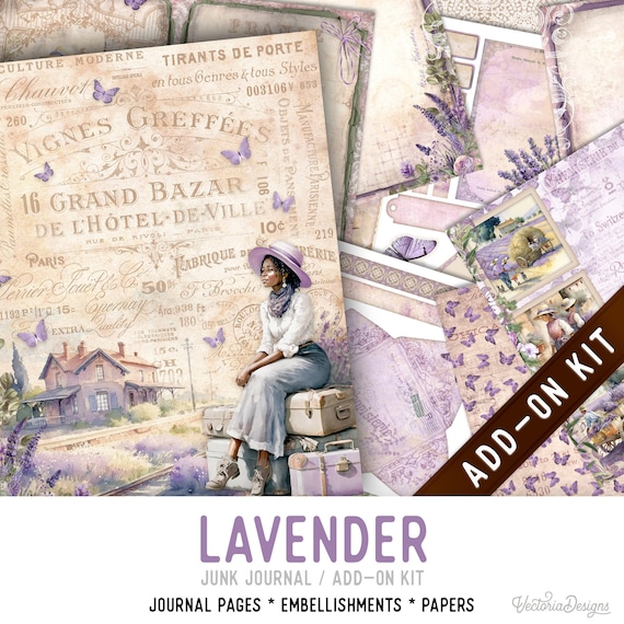 Lavender Junk Journal Kit ADD-ON, Printable Craft kit with Journal Pages, Embellishments and Papers - 003428