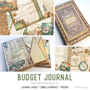 Puede incluir: Un kit de manualidades imprimible para un diario de presupuesto que incluye papeles decorativos, páginas de diario y adornos. Los diseños presentan ilustraciones de estilo vintage de monedas, cajas fuertes, relojes y formularios contables.