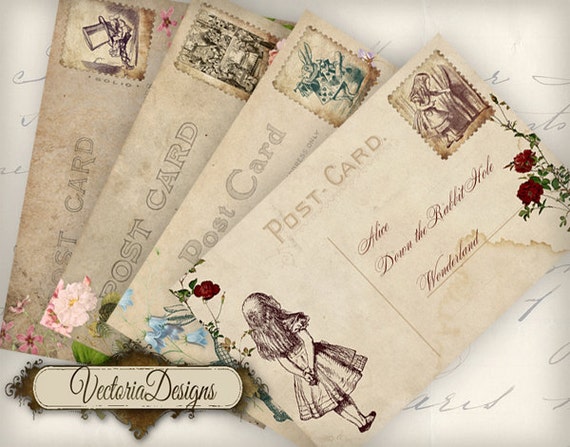 Printable Alice in Wonderland Postcards scrapbooking paper crafting digital download instant download digital collage sheet - 000558