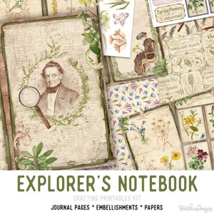 Explorer&#39;s Notebook Crafting Printables Kit, Printable Nature Junk Journal, Nature Embellishments, Nature Craft Kits, Scrapbook Paper 002657