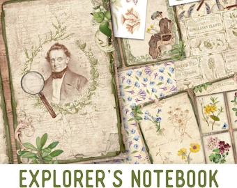 Explorer's Notebook Crafting Printables Kit, Printable Nature Junk Journal, Nature Embellishments, Nature Craft Kits, Scrapbook Paper 002657