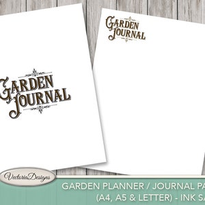 Puede incluir: Dos hojas de papel blancas con las palabras "GARDEN JOURNAL" en una fuente marr&oacute;n decorativa. El texto est&aacute; centrado en la hoja izquierda y en la parte superior derecha de la hoja derecha. La parte inferior de la imagen tiene el texto "GARDEN PLANNER / JOURNAL PAGES".