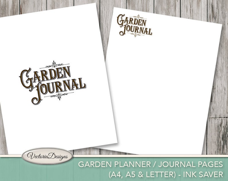 Puede incluir: Dos hojas de papel blancas con las palabras "GARDEN JOURNAL" en una fuente marr&oacute;n decorativa. El texto est&aacute; centrado en la hoja izquierda y en la parte superior derecha de la hoja derecha. La parte inferior de la imagen tiene el texto "GARDEN PLANNER / JOURNAL PAGES".
