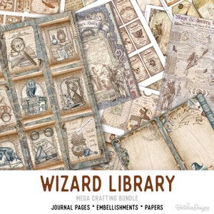 Wizard Library MEGA Crafting Bundle, Wizard Printables, Halloween Craft Kits, Embellishments, Printable Paper Pack, Journal Pages - 002443