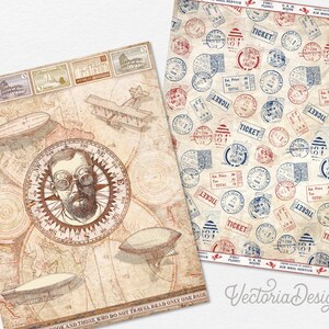 May include: Two sheets of vintage-style paper. One features a world map, airships, a compass with a man's face, and postage stamps. The other has a pattern of red and blue ticket stamps. The text "TICKET" is visible.
