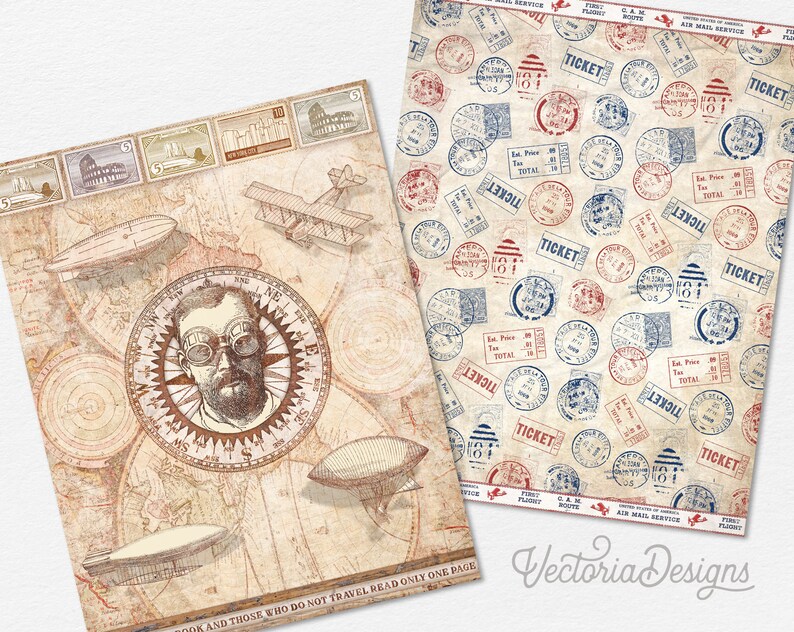 May include: Two sheets of vintage-style paper. One features a world map, airships, a compass with a man's face, and postage stamps. The other has a pattern of red and blue ticket stamps. The text "TICKET" is visible.