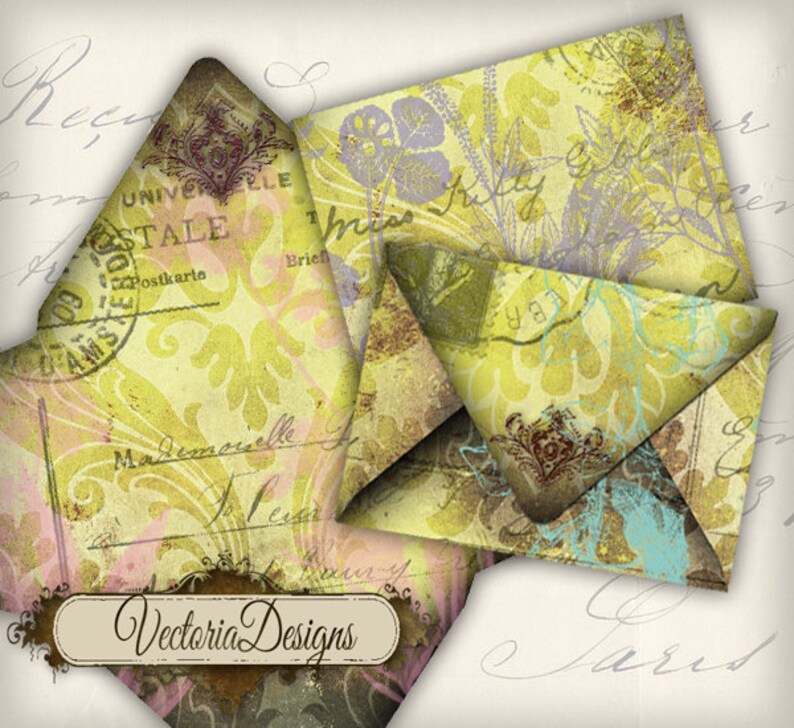 May include: A collage of vintage envelopes with a yellow, green and pink floral pattern. The envelopes have a distressed, aged look and feature stamps and handwritten text. The text on the envelopes includes "Postkarte" and "Brieftasche".