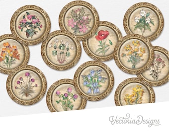 Flowers Circles Printable Book Circles 2 Inch Circles Printable Circles Junk Journal Embellishments Scrapbook Flowers Ephemera Floral 002863