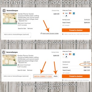 May include: A screenshot of a computer screen showing how to enter a coupon code on a website. The screen shows a shopping cart with a total of EUR 8.00. The user is instructed to click "Apply Shop Coupon Codes" and then enter the correct coupon code and click "Apply".
