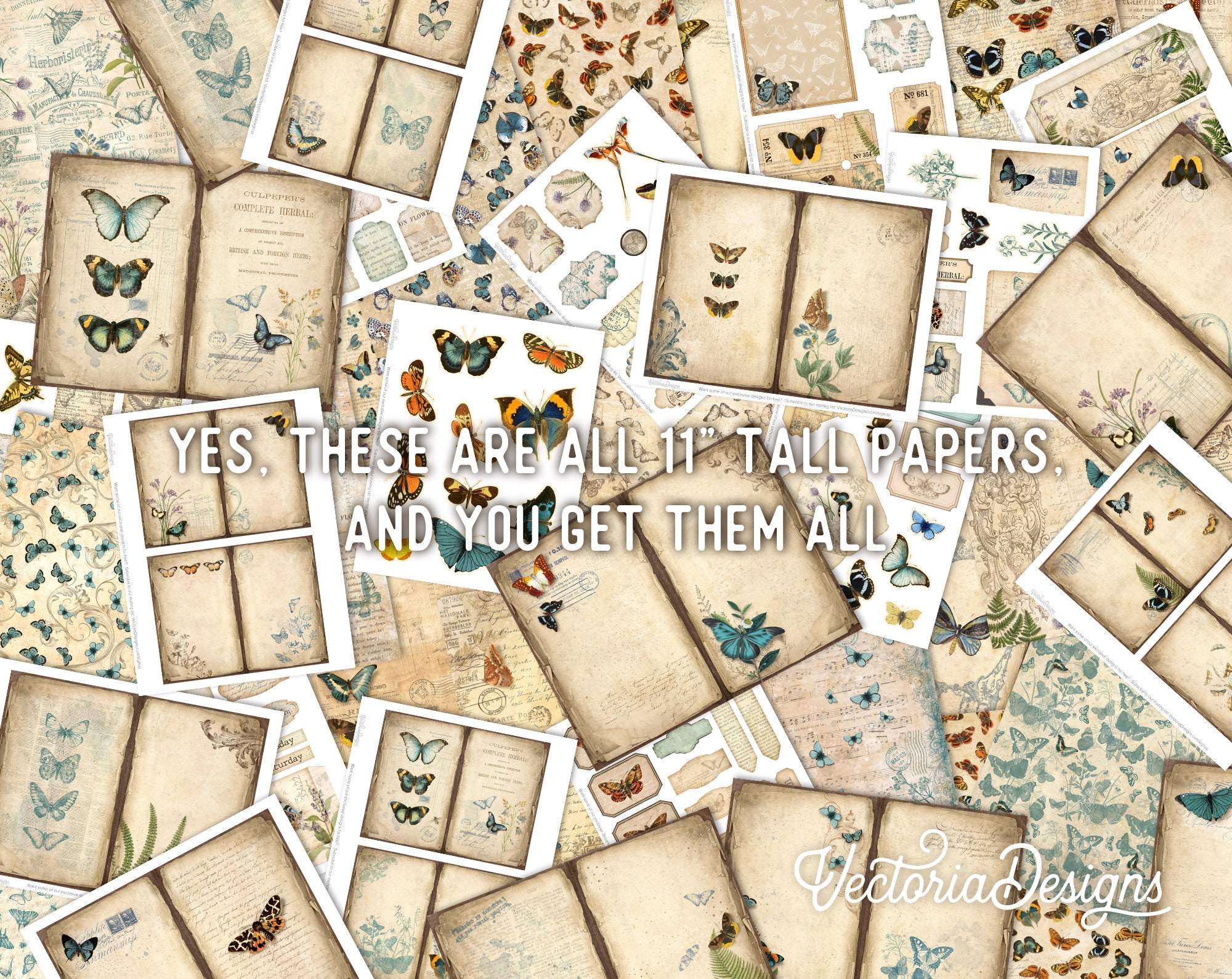 Shabby Vintage Butterflies Paper Pack, Digital Scrapbook Paper