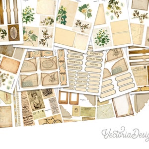 May include: A collection of vintage-style printable digital papers and labels featuring floral designs, botanical illustrations, and text labels with words like "Report", "Field Trip", and "Research".