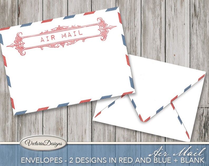May include: Two white envelopes featuring a classic air mail border pattern with alternating red and blue slanted rectangles. One envelope displays a decorative red frame with the text AIR MAIL printed in the center, while the other is blank.