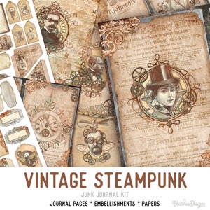 Vintage Steampunk Junk Journal Kit, Steampunk Embellishments, Printable Junk Journal Kit, Craft kits, Vintage Junk Journal Kit, DIY - 002472