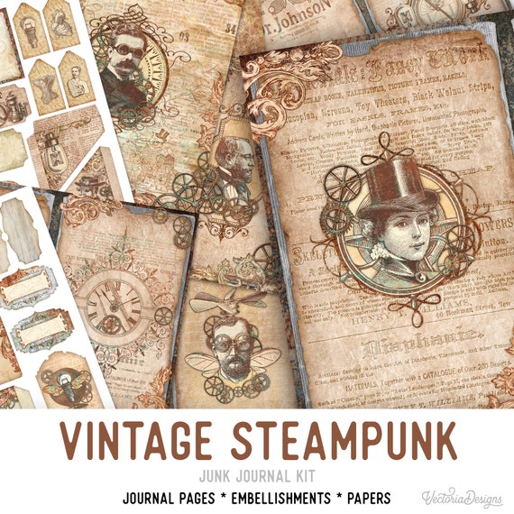 Vintage Steampunk Junk Journal Kit, Steampunk Embellishments, Printable Junk Journal Kit, Craft kits, Vintage Junk Journal Kit, DIY - 002472