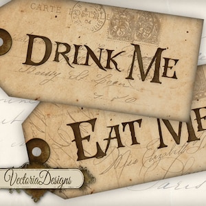 Printable Drink Me Eat Me Tags Alice in Wonderland Decor Party Favors paper crafting instant download digital collage sheet - 000352