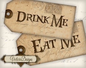 Stampabile Drink Me Eat Me Tag Alice nel Paese delle Meraviglie Decor Bomboniere carta artigianale download immediato foglio di collage digitale - 000352