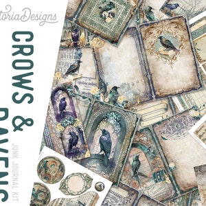 May include: A digital junk journal kit featuring crows and ravens. The kit includes various papers with vintage designs, including crows, ravens, and floral patterns. The papers are in shades of blue, green, and brown.